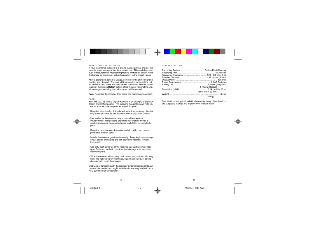 Memorex MB002 manual Resetting the Recorder, Care, Specifications 