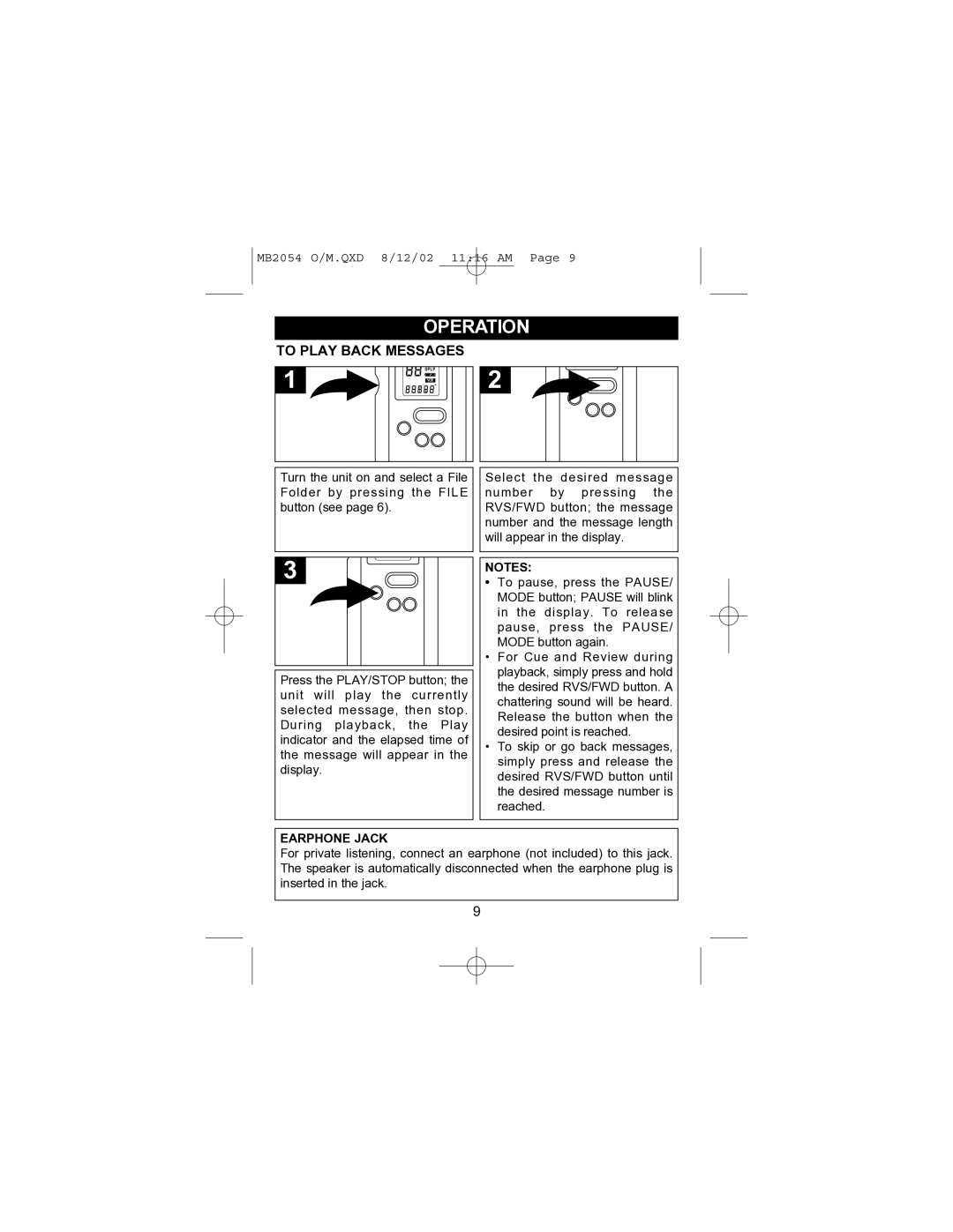 Memorex MB2054 operating instructions To Play Back Messages, Earphone Jack 