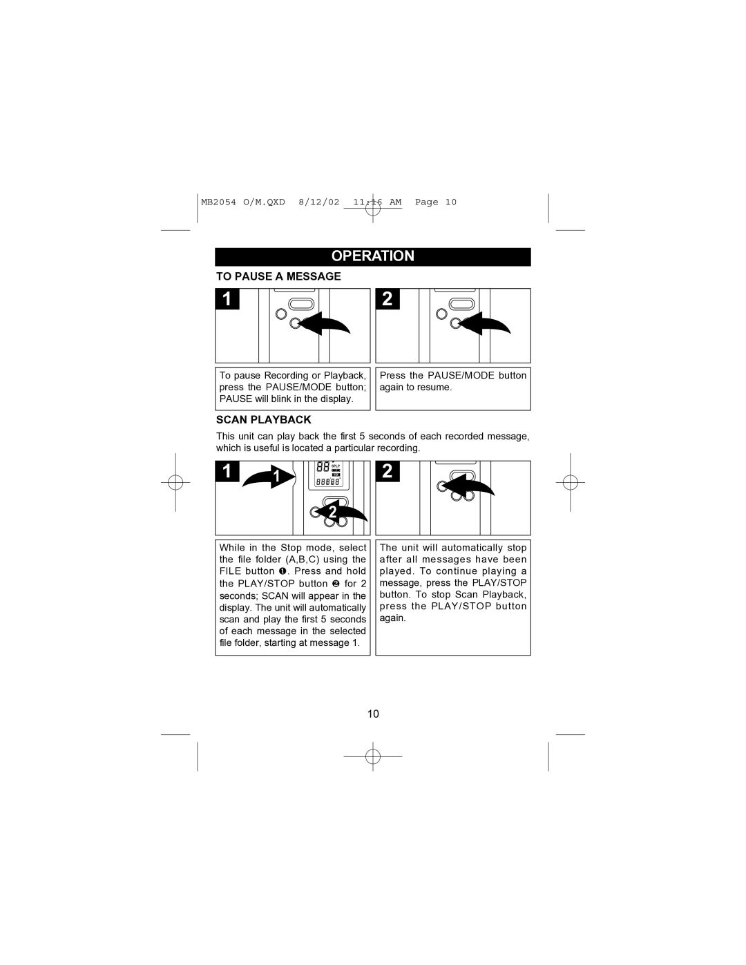 Memorex MB2054 operating instructions To Pause a Message, Scan Playback 