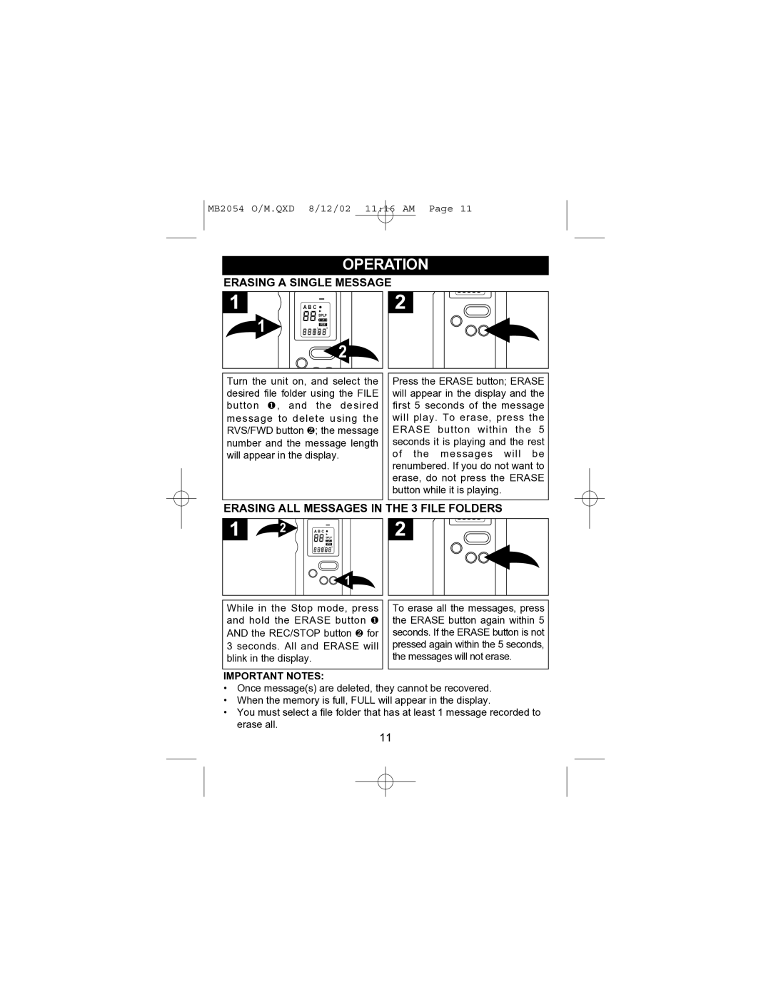 Memorex MB2054 operating instructions Erasing a Single Message, Erasing ALL Messages in the 3 File Folders 