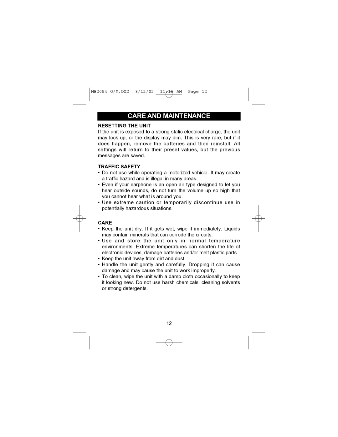 Memorex MB2054 operating instructions Care and Maintenance, Resetting the Unit, Traffic Safety 