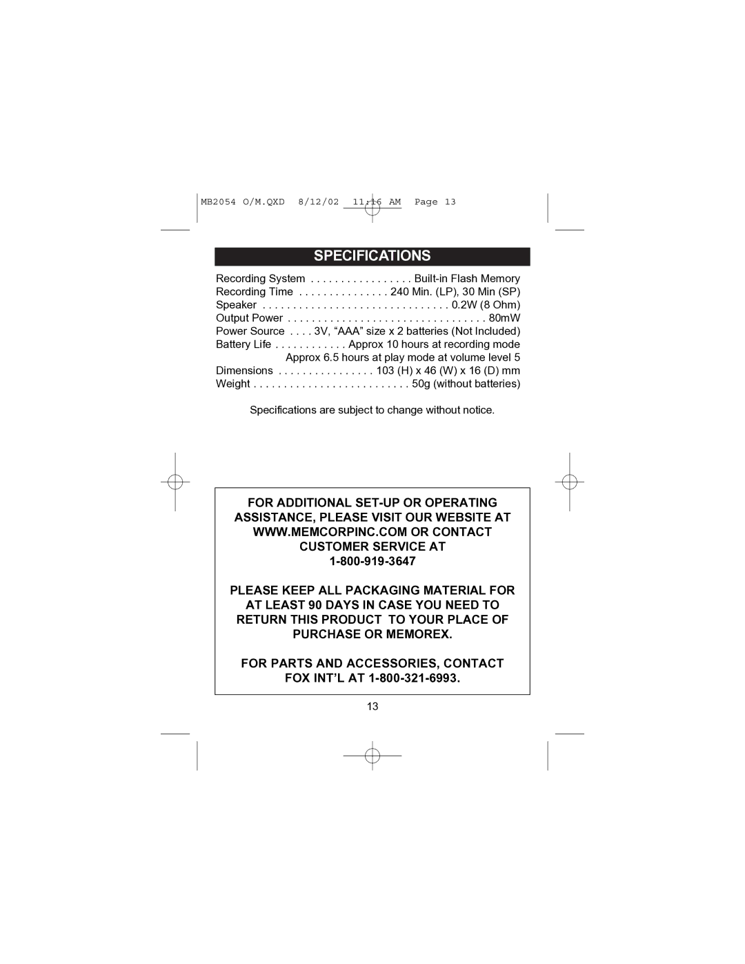 Memorex MB2054 operating instructions Specifications 