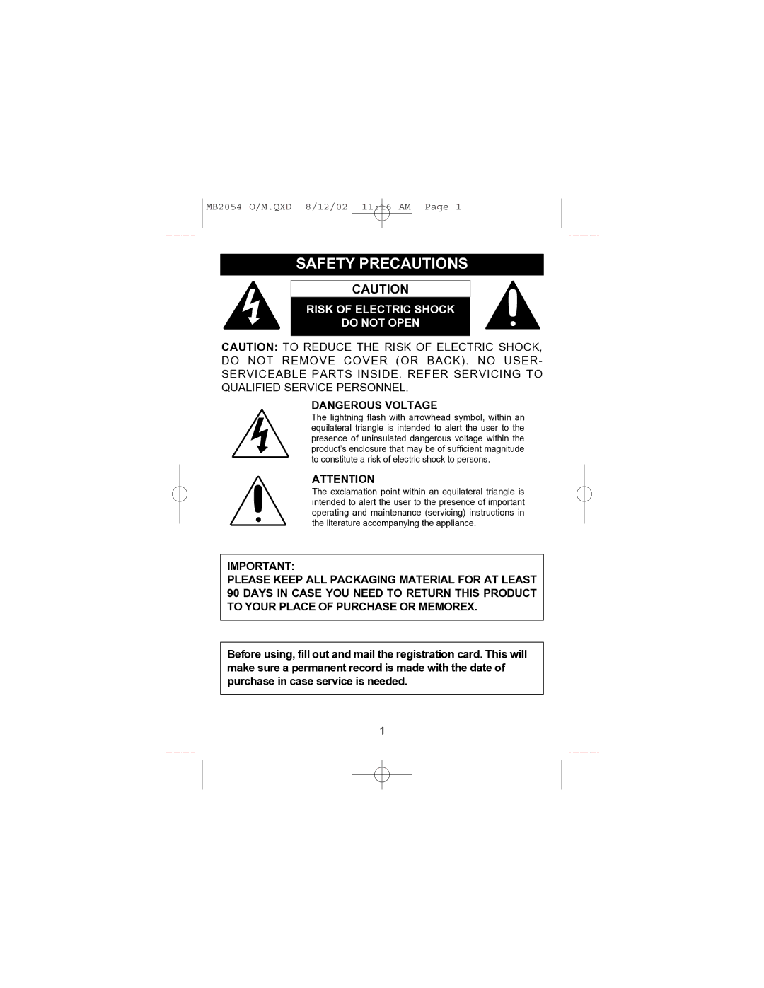 Memorex MB2054 operating instructions Safety Precautions, Risk of Electric Shock Do not Open 