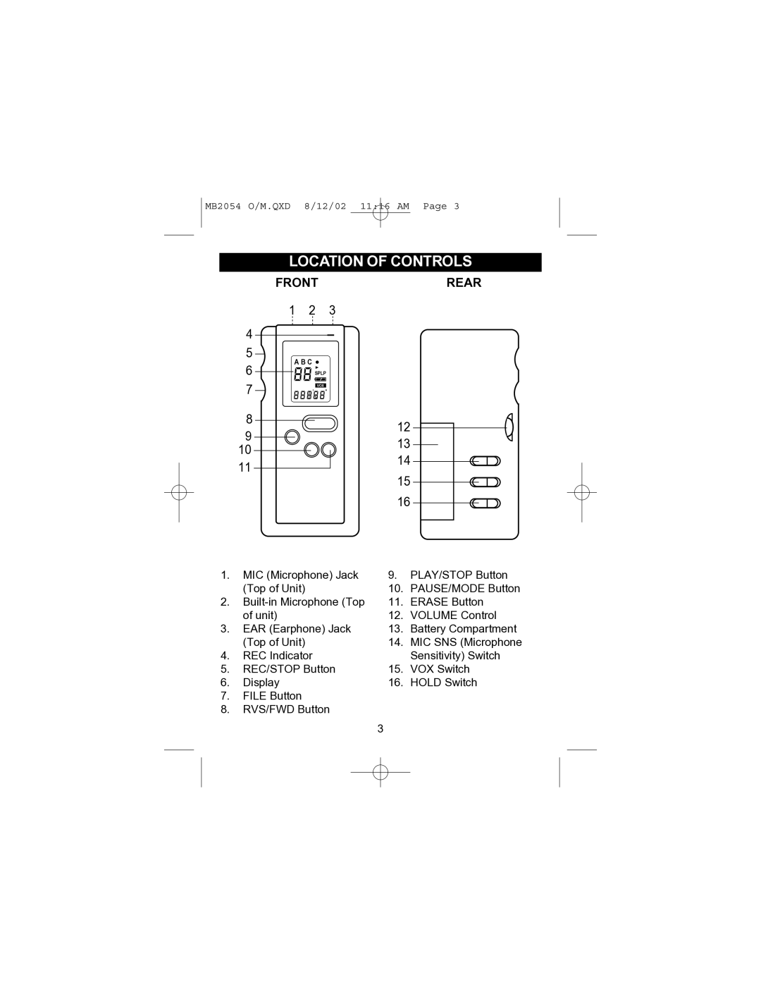 Memorex MB2054 operating instructions Frontrear 