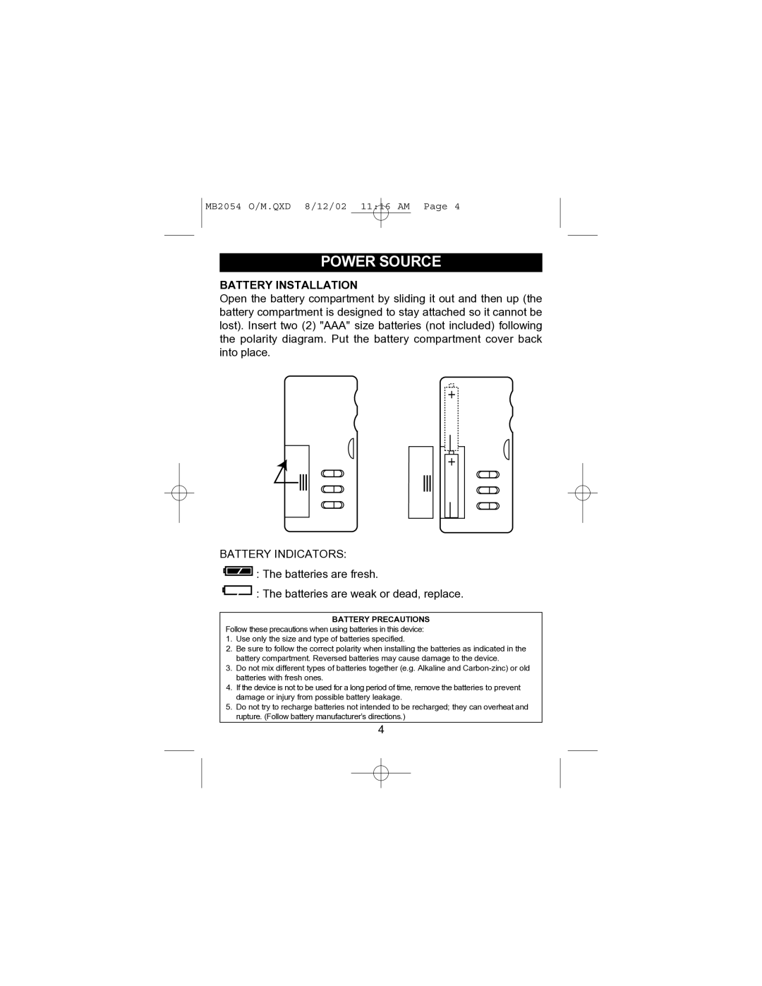 Memorex MB2054 operating instructions Power Source, Battery Installation 