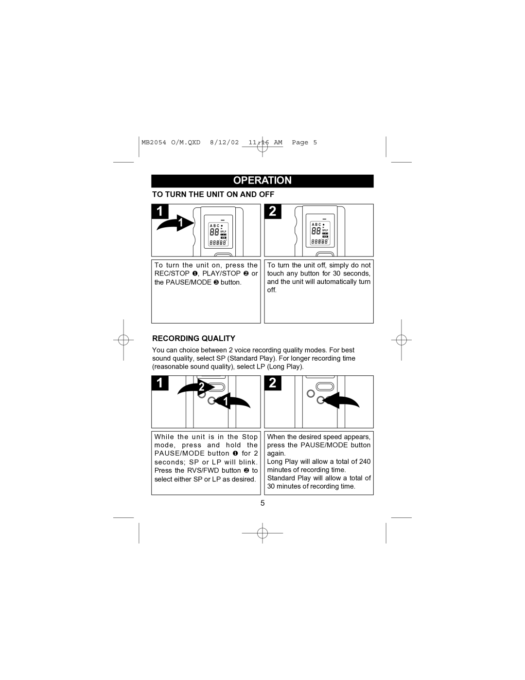 Memorex MB2054 operating instructions Operation, To Turn the Unit on and OFF, Recording Quality 