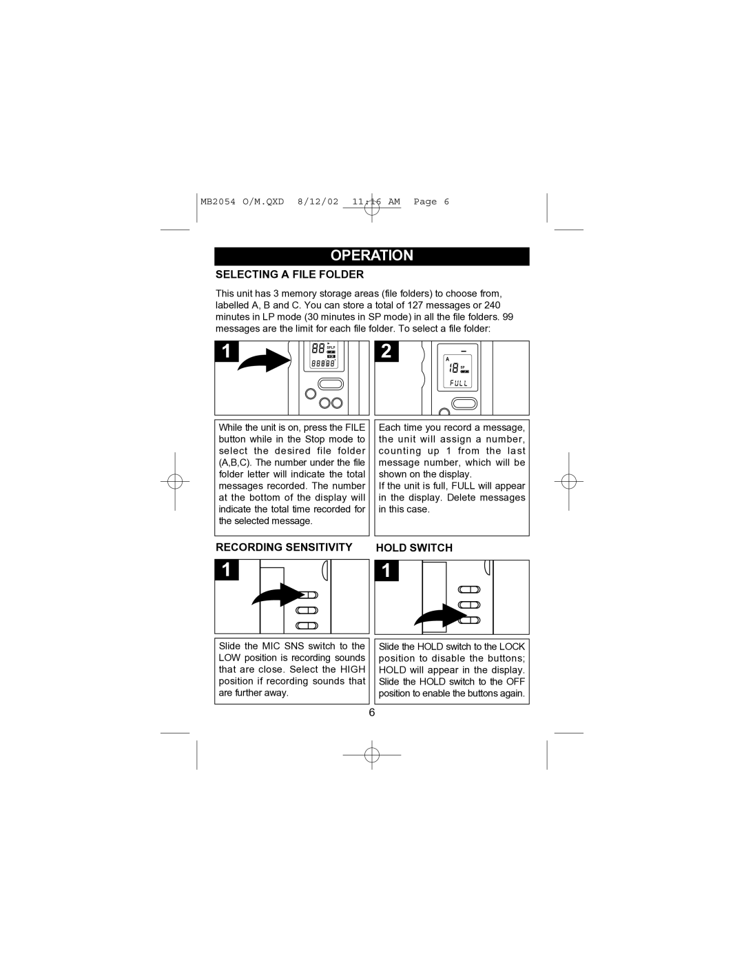 Memorex MB2054 operating instructions Selecting a File Folder, Recording Sensitivity Hold Switch 