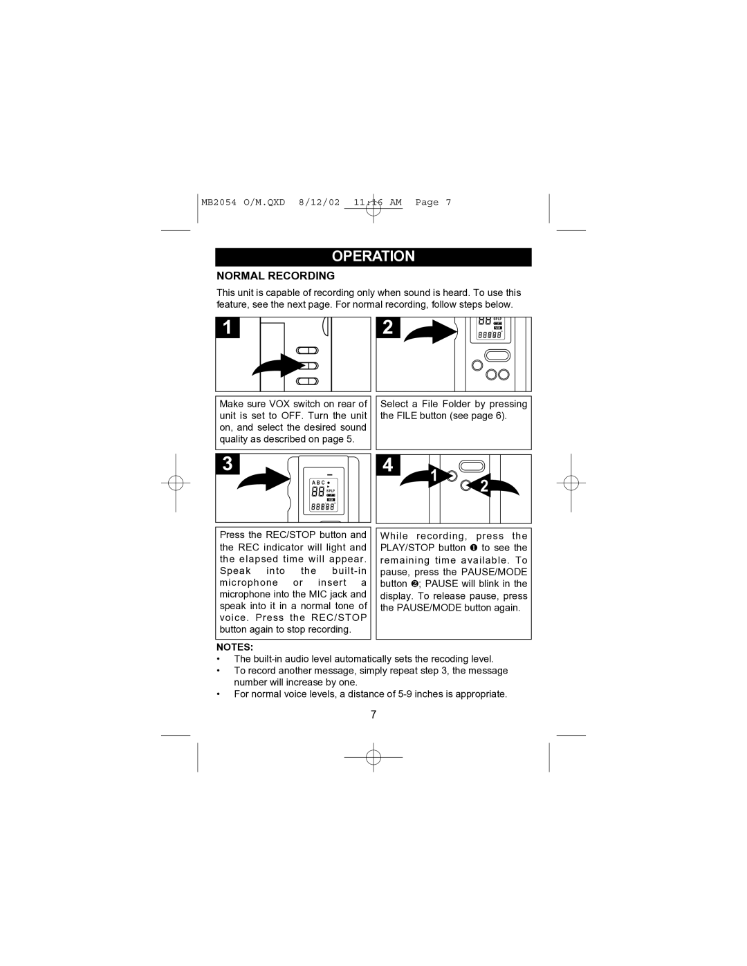 Memorex MB2054 operating instructions Normal Recording 