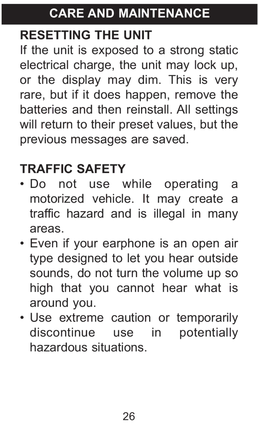 Memorex MB2059B manual Care and Maintenance Resetting the Unit, Traffic Safety 