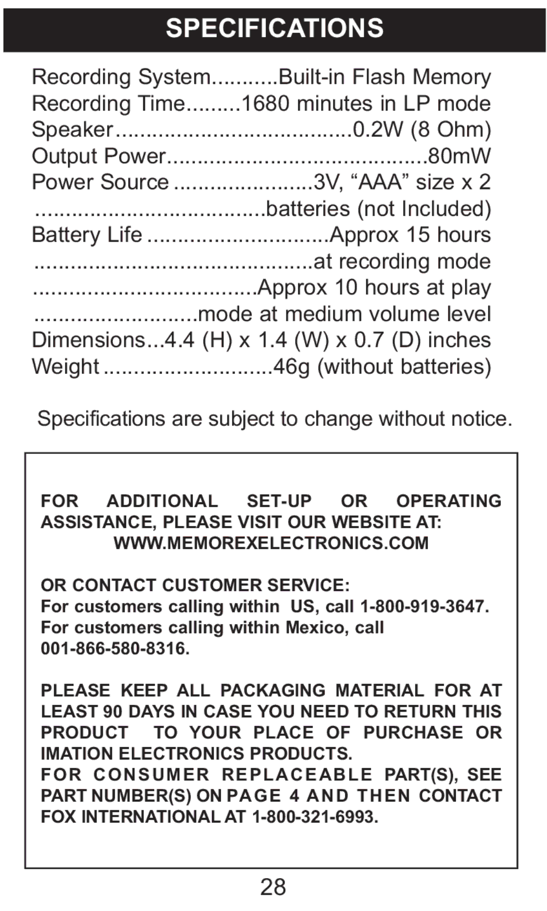 Memorex MB2059B manual Specifications, 46g without batteries 