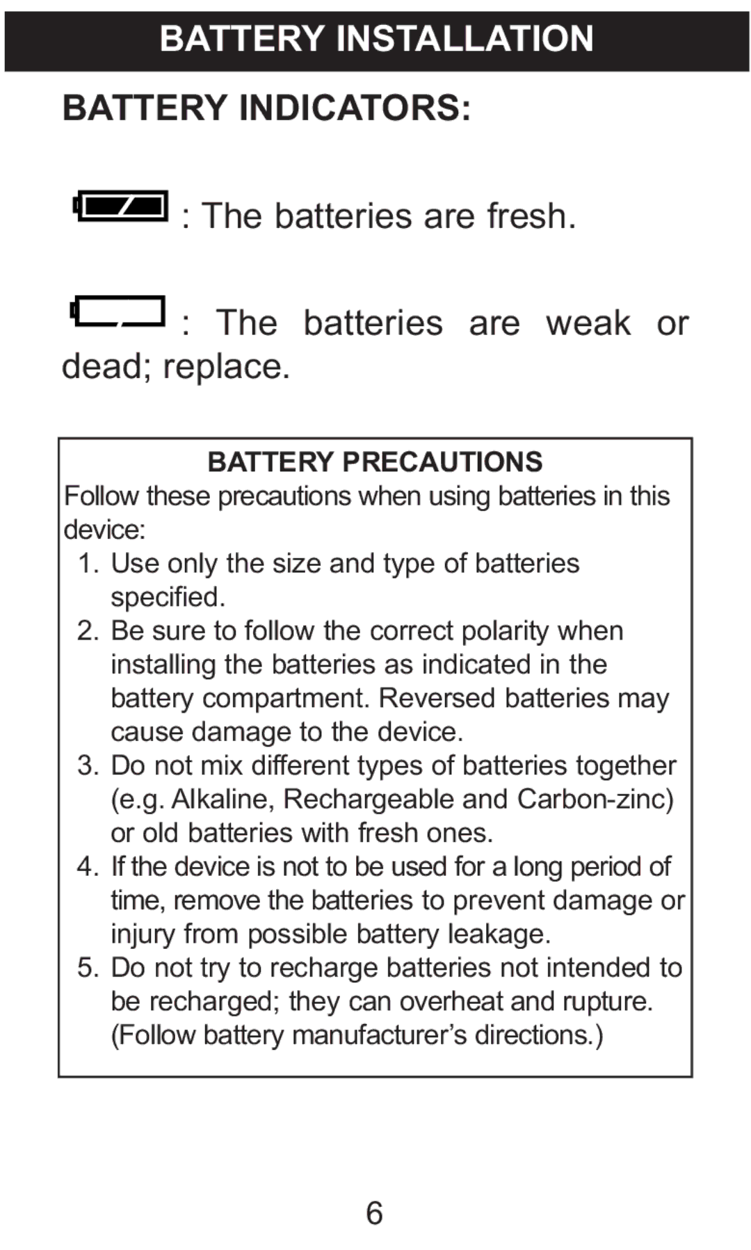 Memorex MB2059B manual Battery Installation Battery Indicators, Battery Precautions 