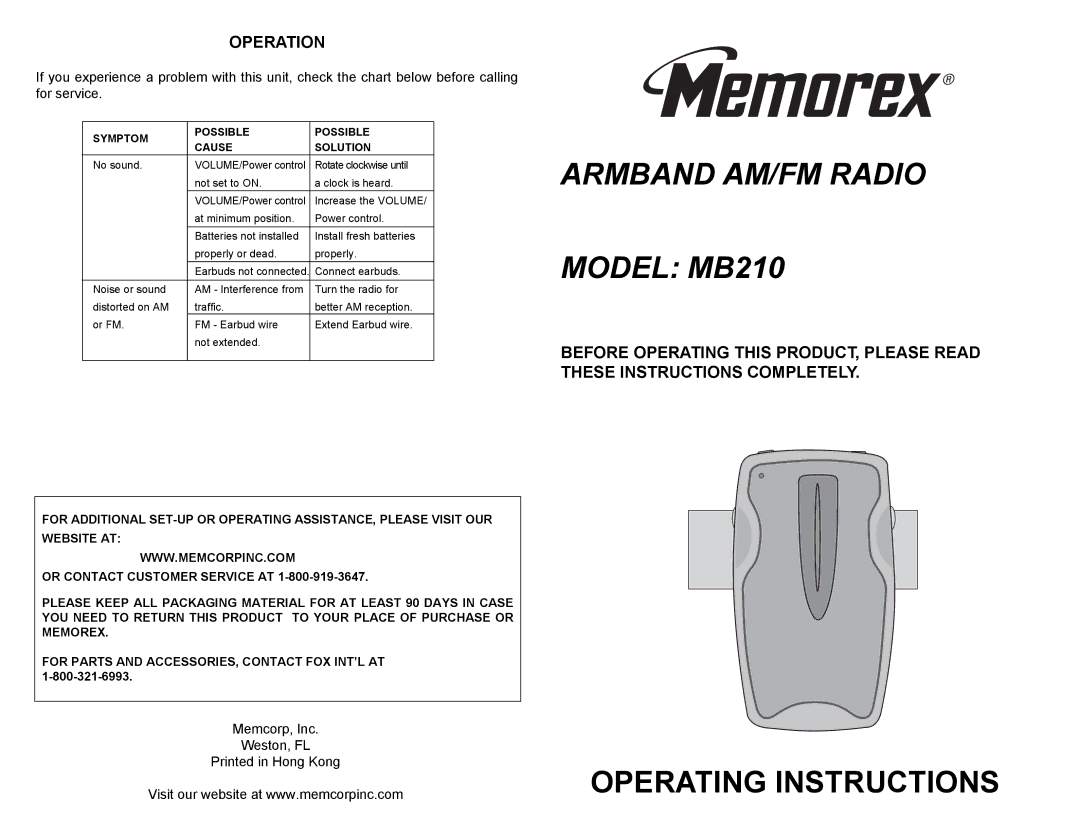 Memorex operating instructions Armband AM/FM Radio Model MB210, Operating Instructions, Operation 