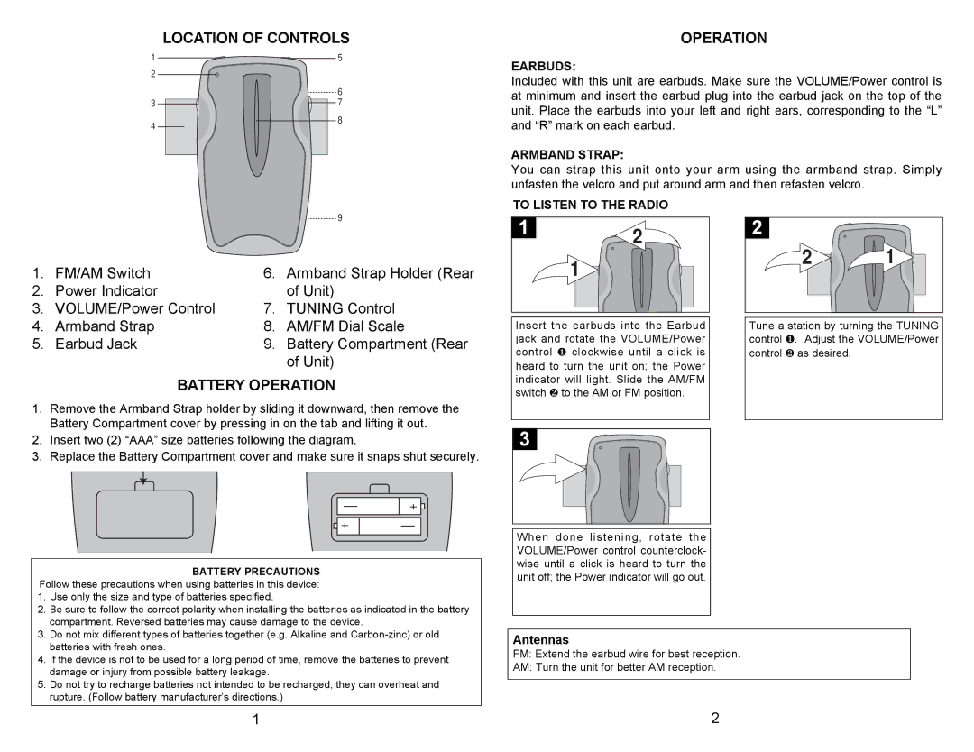 Memorex MB210 Location of Controls Operation, Battery Operation, Earbuds, Armband Strap, To Listen to the Radio 