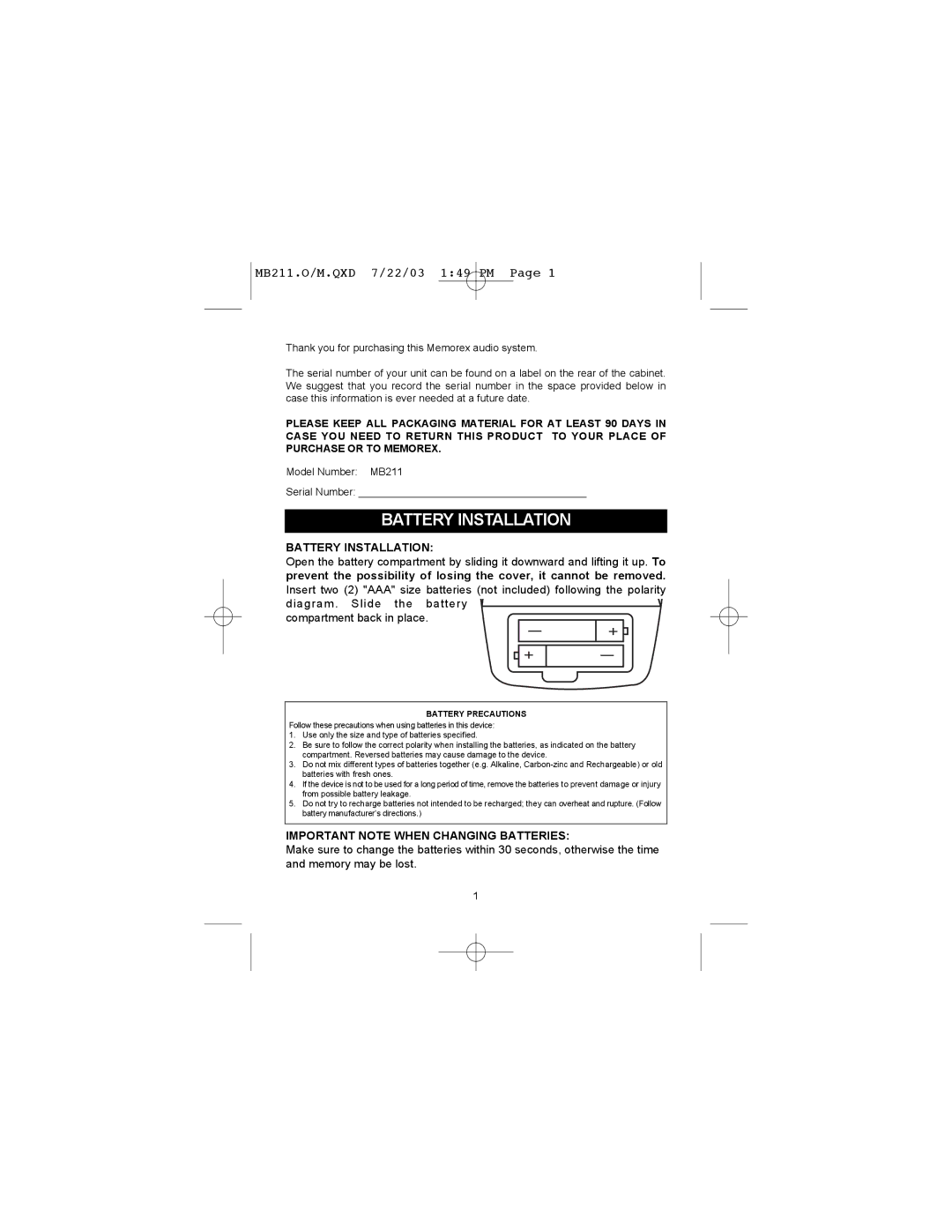 Memorex MB211 manual Battery Installation, Important Note When Changing Batteries 