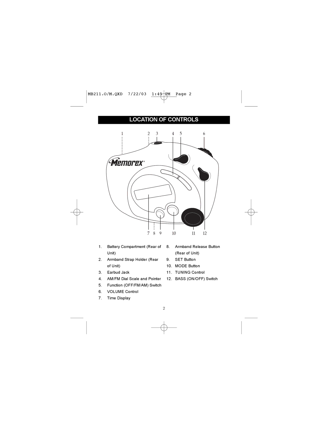 Memorex MB211 manual Location of Controls 