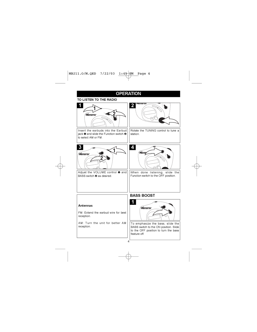 Memorex MB211 manual Operation, To Listen to the Radio 