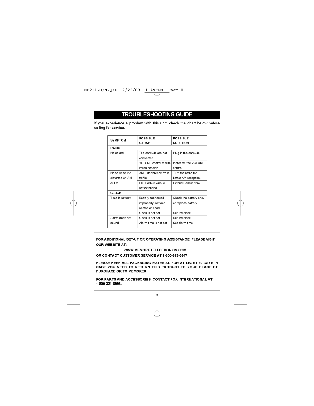 Memorex MB211 manual Troubleshooting Guide, Symptom Possible Cause Solution Radio 