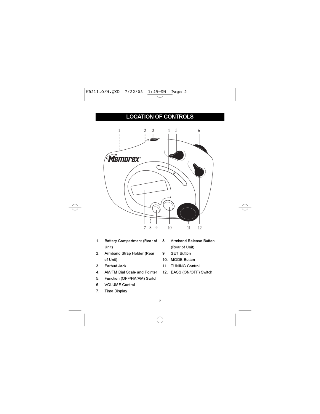 Memorex manual Location Of Controls, MB211.O/M.QXD 7/22/03 1 49 PM Page 