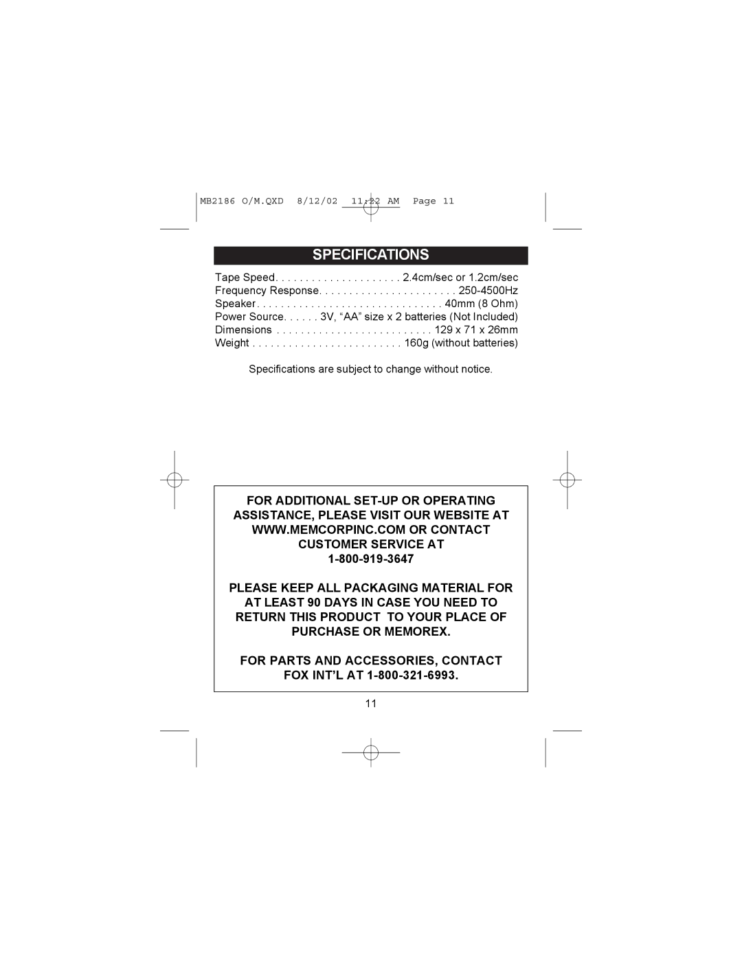 Memorex MB2186 manual Specifications 