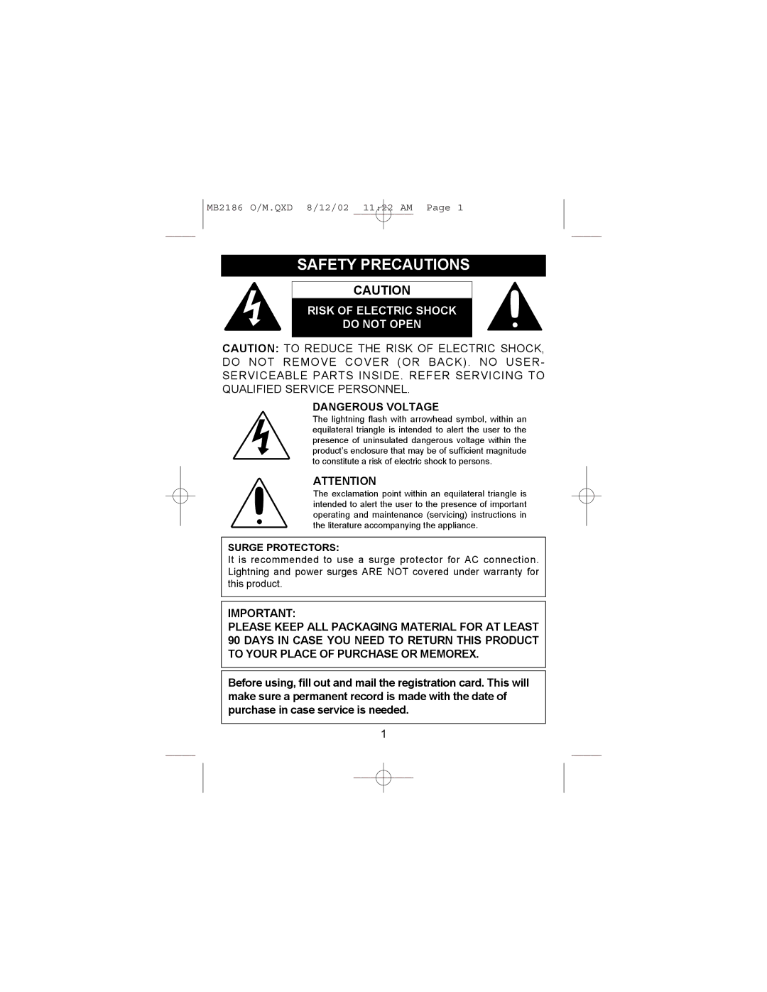 Memorex MB2186 manual Safety Precautions, Risk of Electric Shock Do not Open 