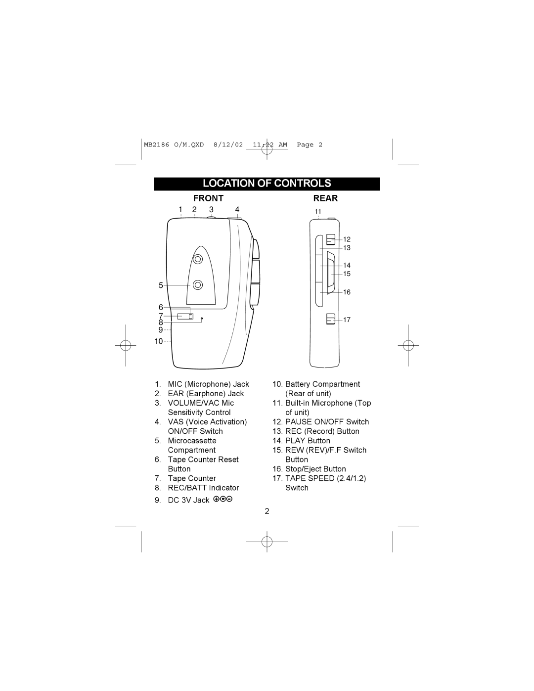 Memorex MB2186 manual Location of Controls, Front Rear 