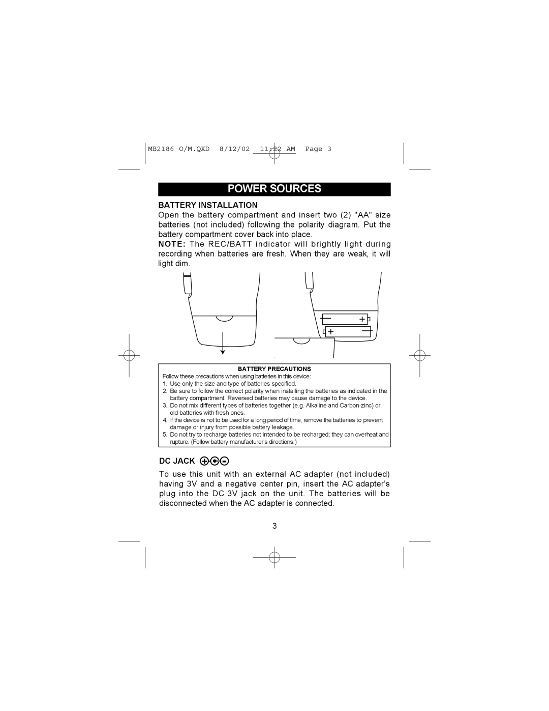 Memorex MB2186 manual Power Sources, Battery Installation 