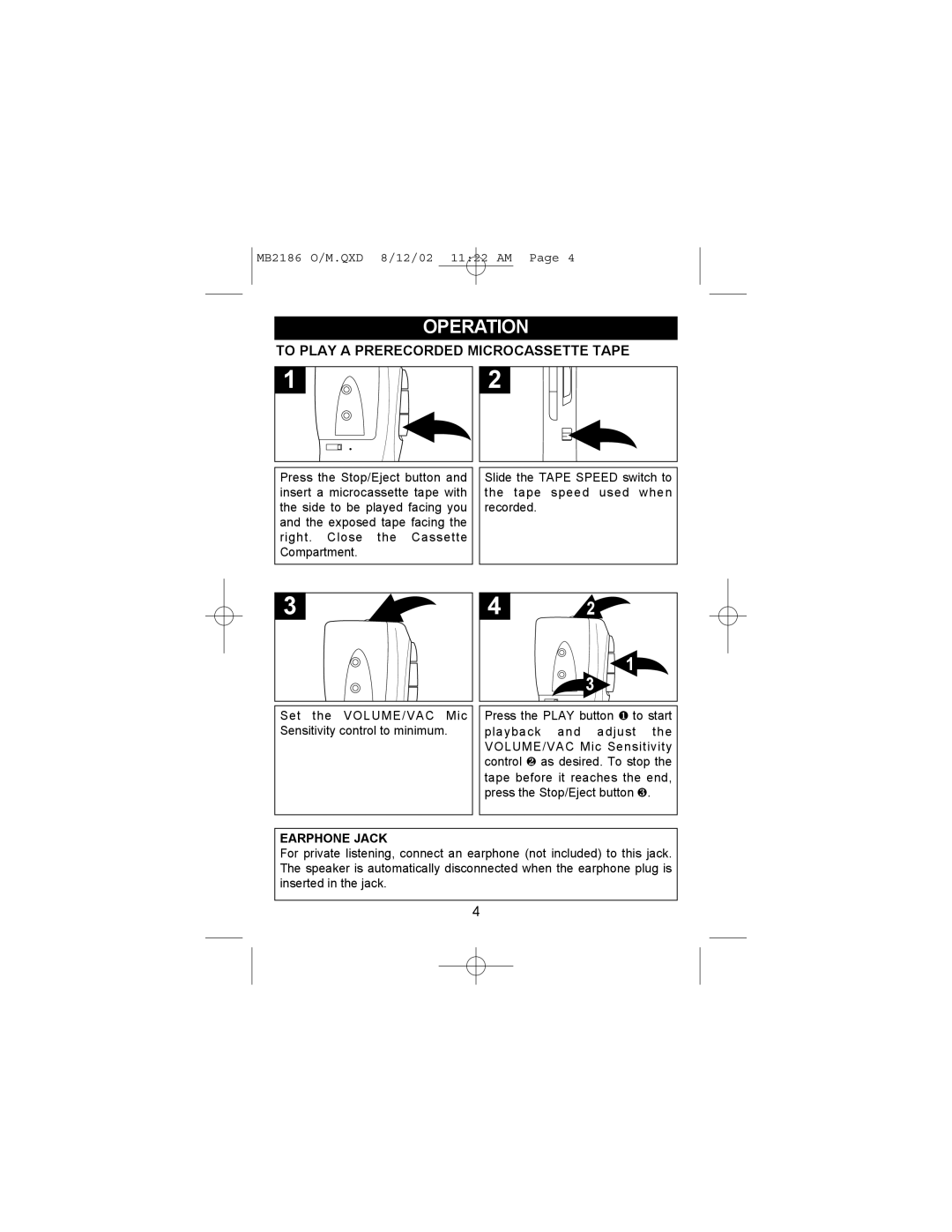 Memorex MB2186 manual Operation, To Play a Prerecorded Microcassette Tape 