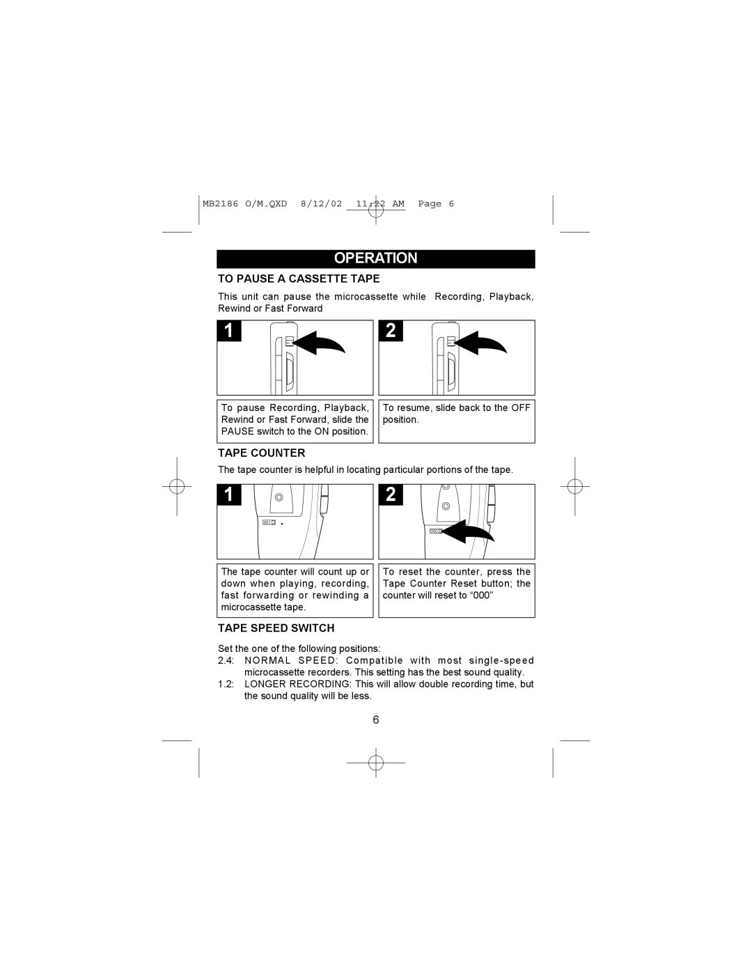 Memorex MB2186 manual To Pause a Cassette Tape, Tape Counter, Tape Speed Switch 