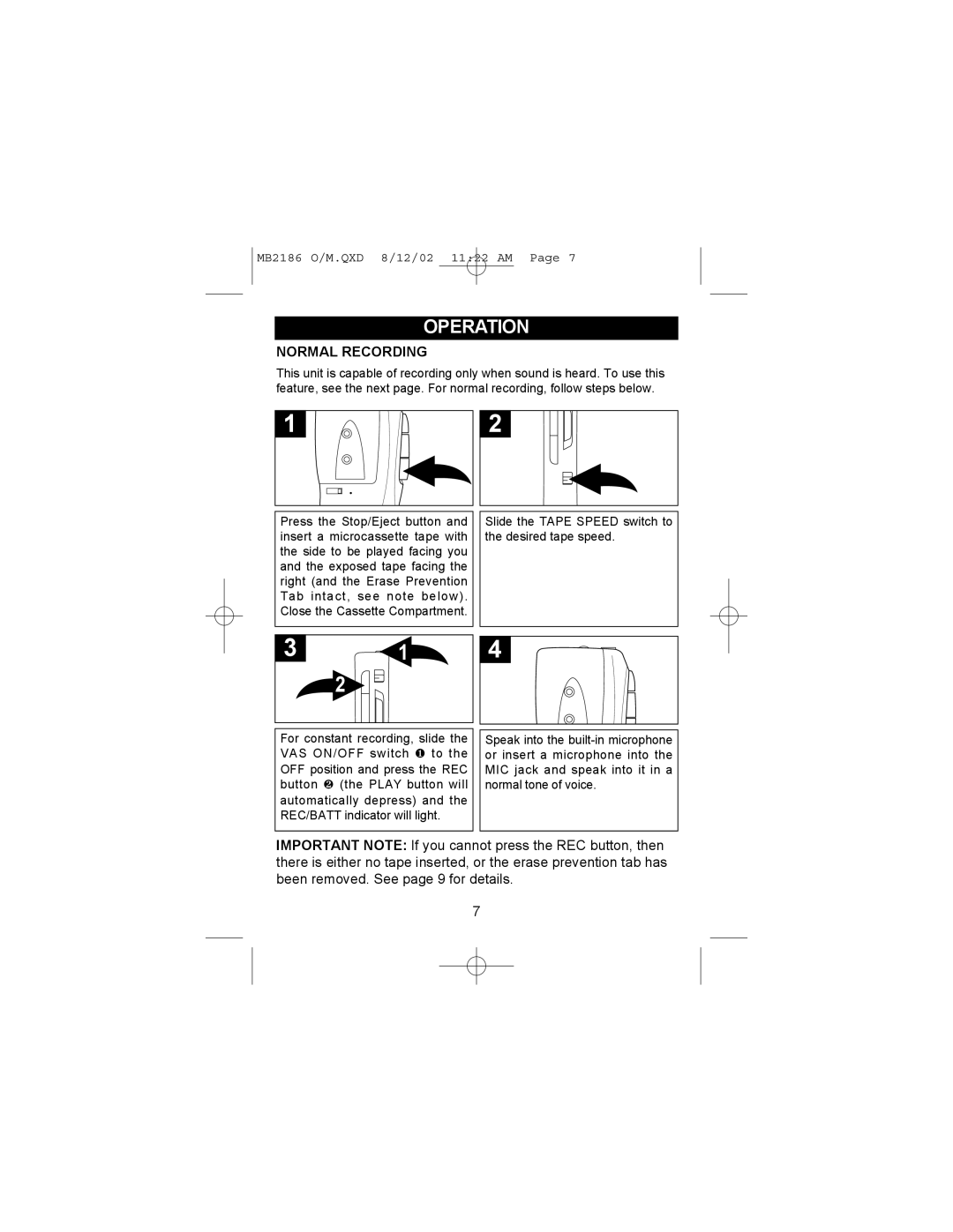 Memorex MB2186 manual Normal Recording 