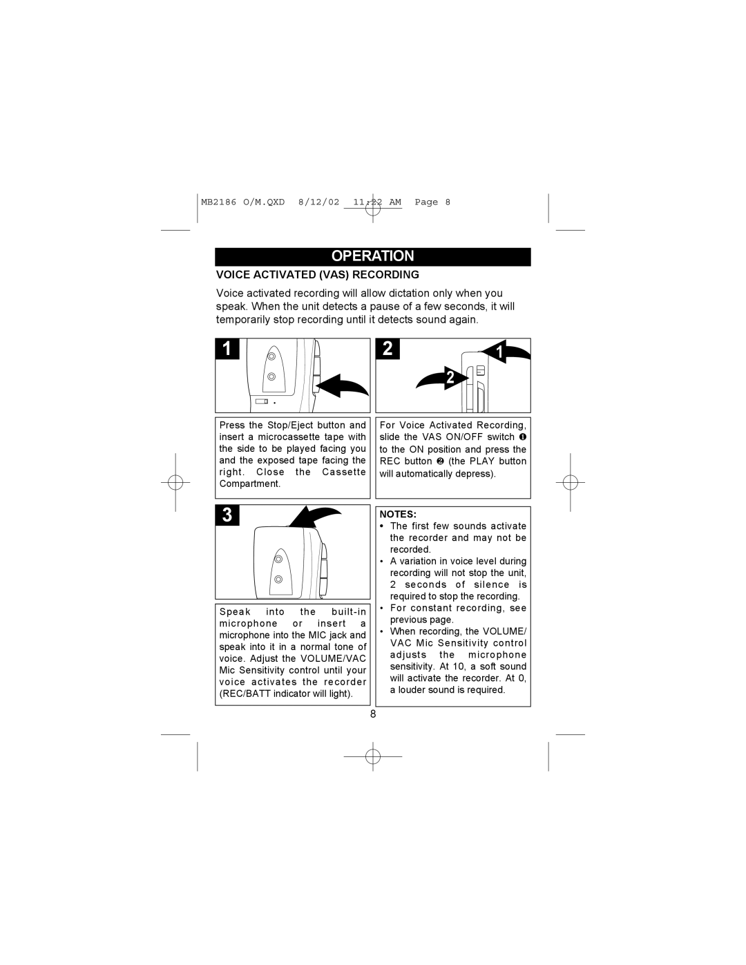 Memorex MB2186 manual Voice Activated VAS Recording 