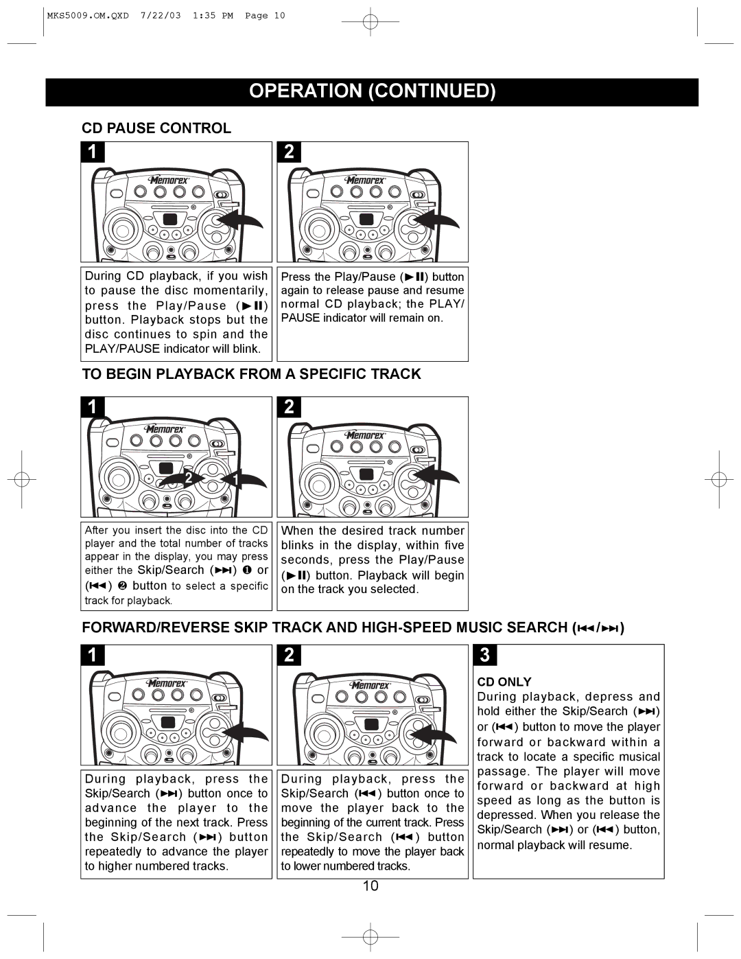 Memorex MB2186A manual CD Pause Control, To Begin Playback from a Specific Track, CD only 