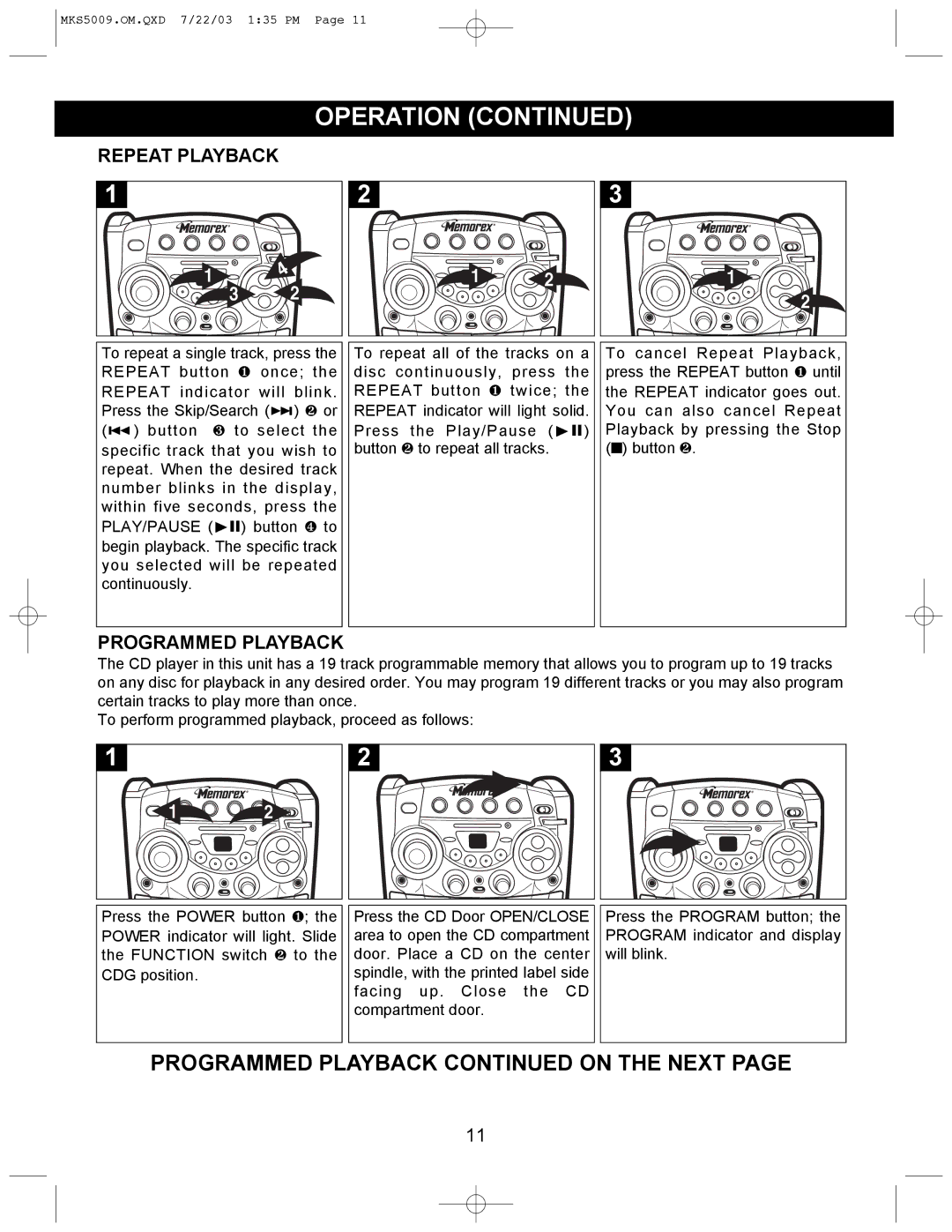 Memorex MB2186A manual Repeat Playback, Programmed Playback 