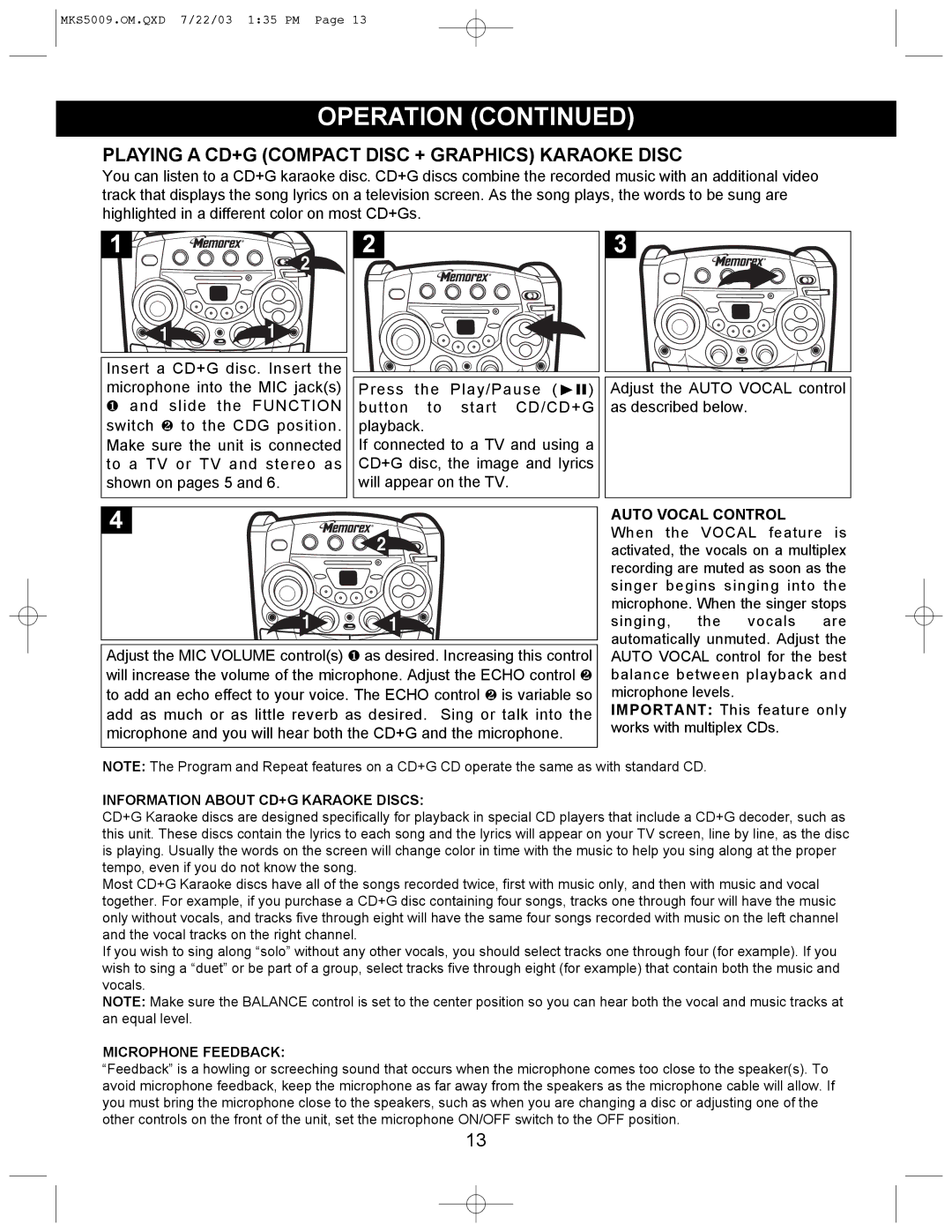 Memorex MB2186A manual Playing a CD+G Compact Disc + Graphics Karaoke Disc, Auto Vocal Control 