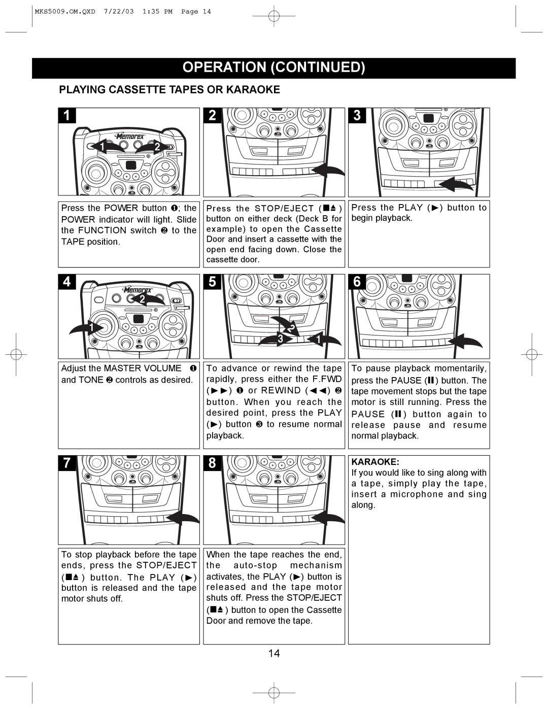 Memorex MB2186A manual Playing Cassette Tapes or Karaoke 