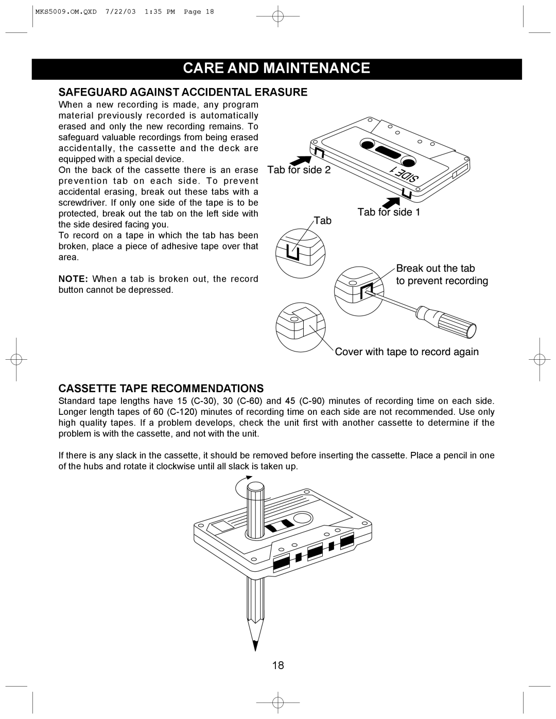 Memorex MB2186A manual Care and Maintenance, Cassette Tape Recommendations 