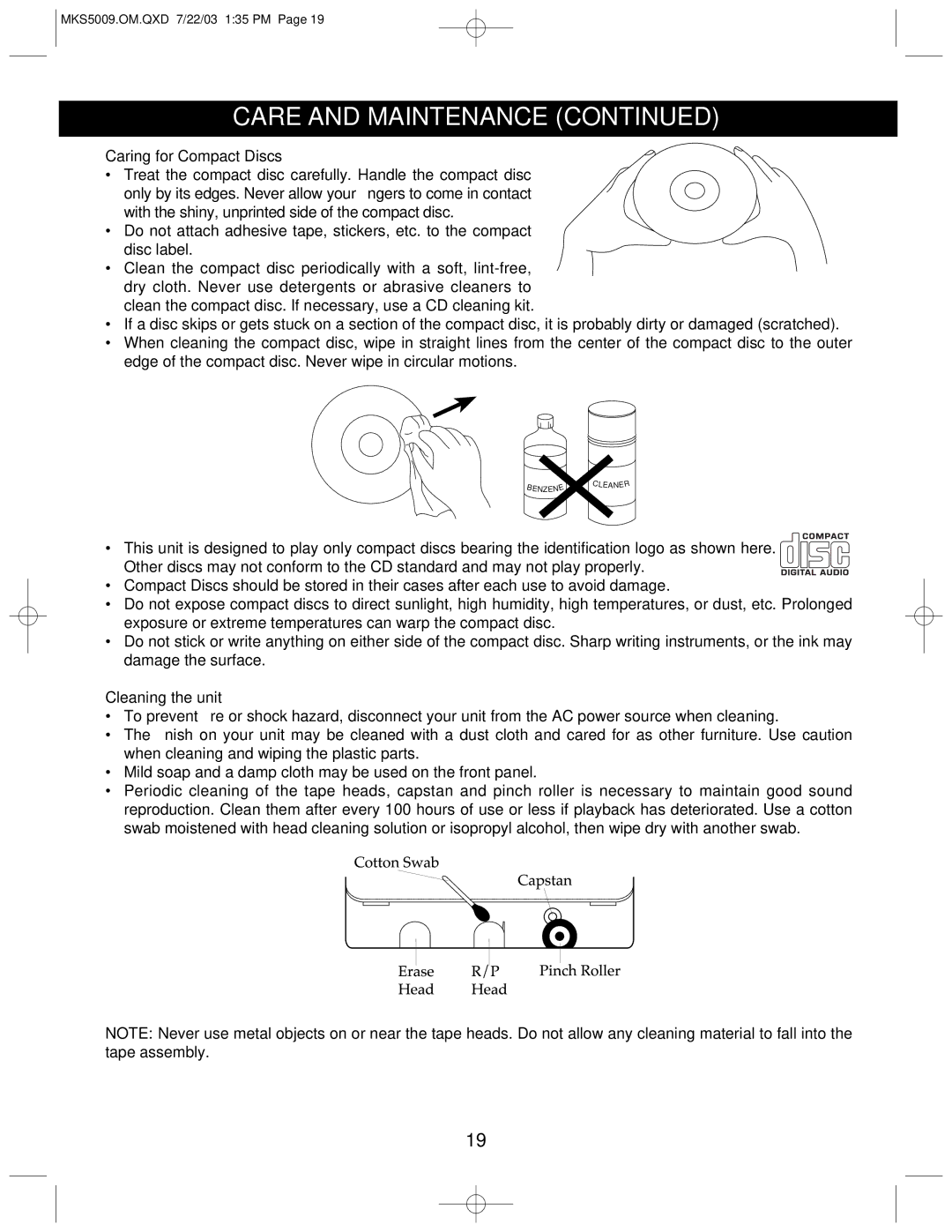 Memorex MB2186A manual Caring for Compact Discs, Cleaning the unit 