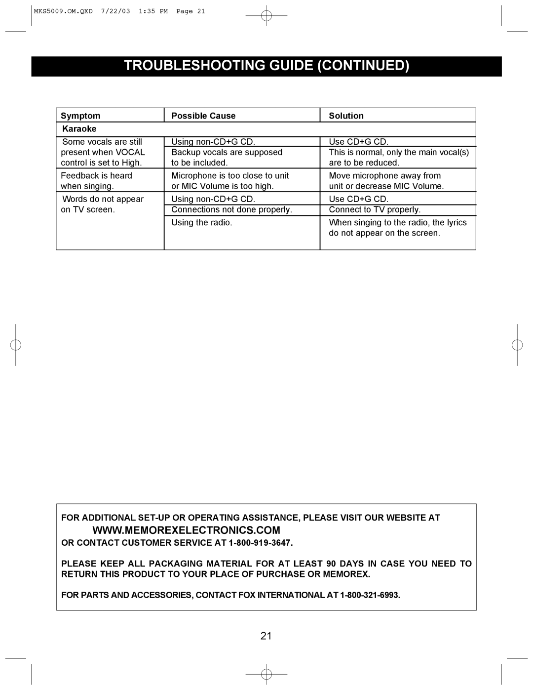 Memorex MB2186A manual Symptom Possible Cause Solution Karaoke 