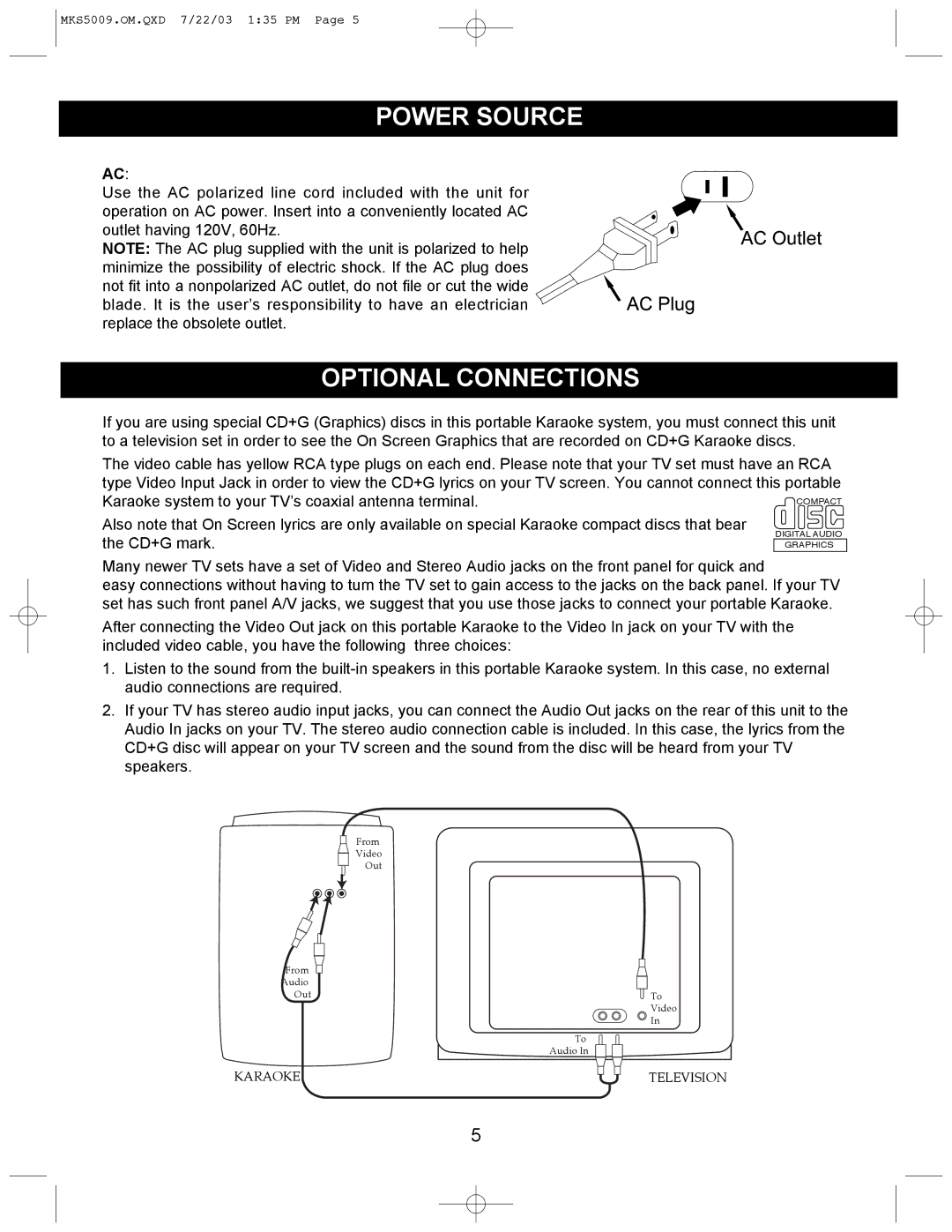 Memorex MB2186A manual Power Source, Optional Connections 