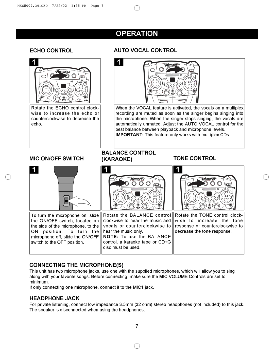 Memorex MB2186A manual Operation 