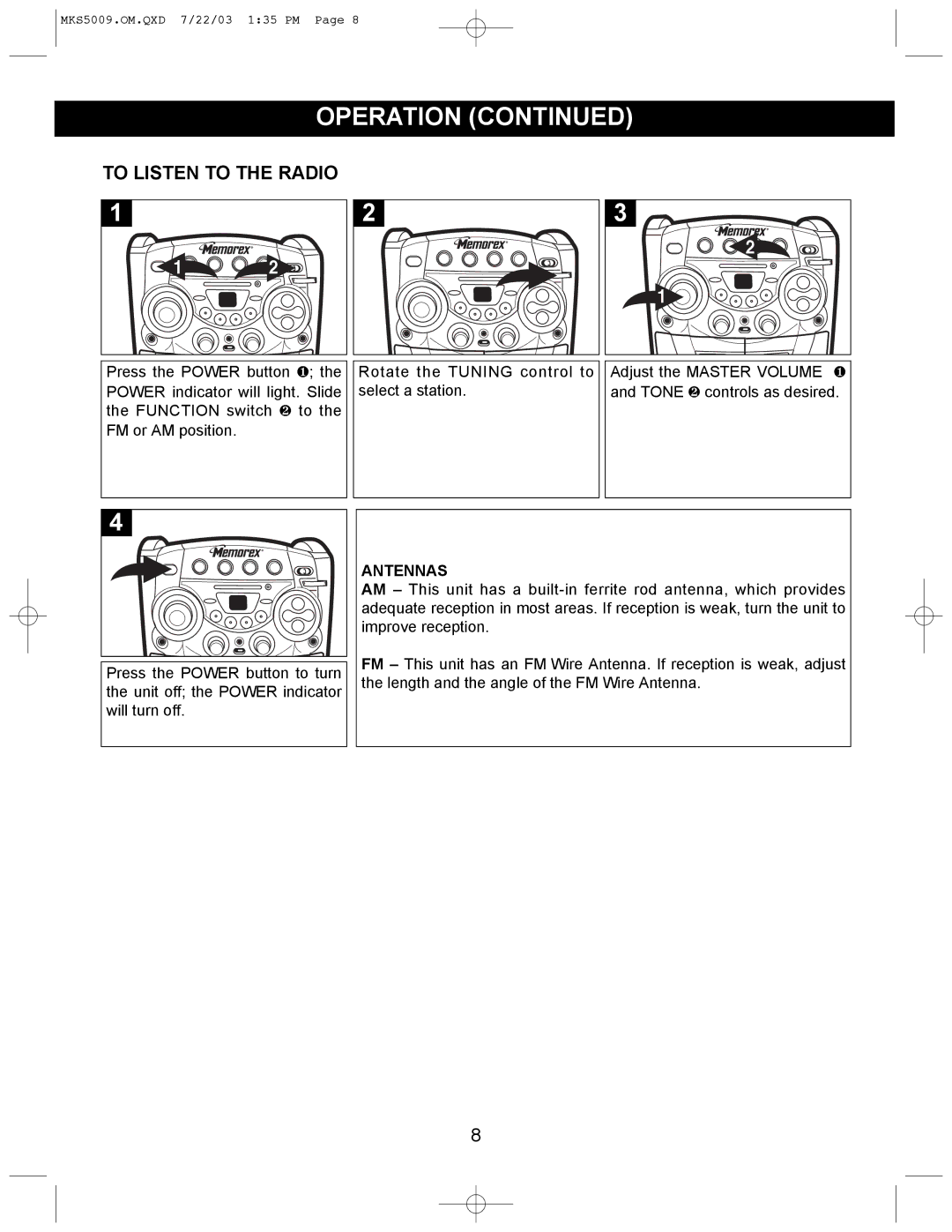 Memorex MB2186A manual To Listen to the Radio, Antennas 