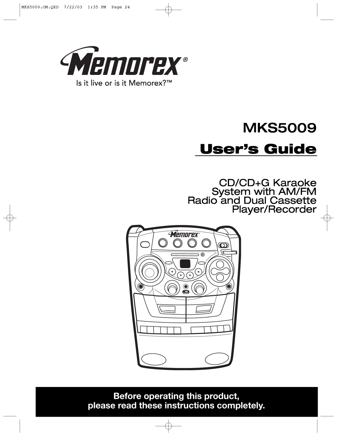 Memorex MB2186A manual Before operating this product, please read these instructions completely, MKS5009, User’s Guide 