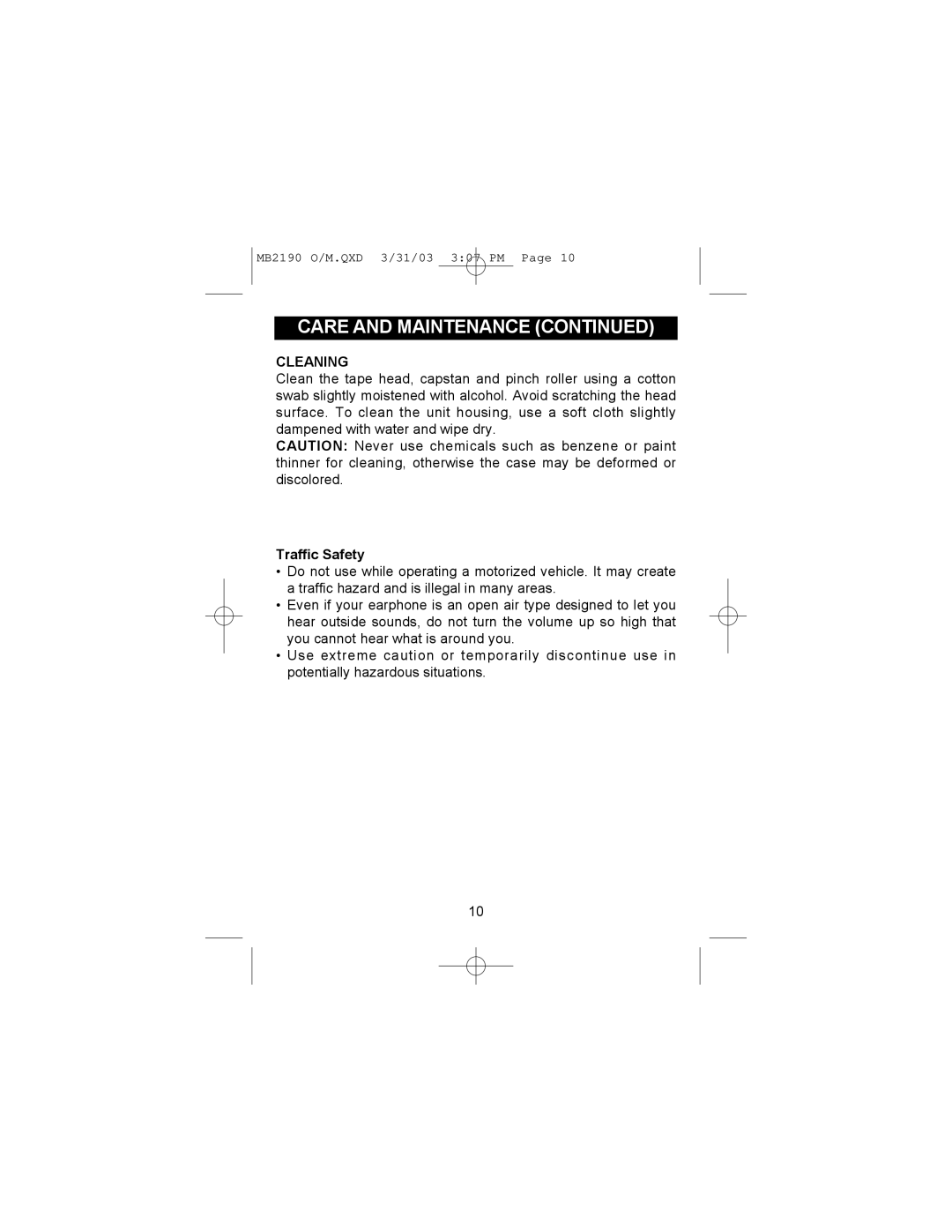 Memorex MB2190 manual Cleaning, Traffic Safety 