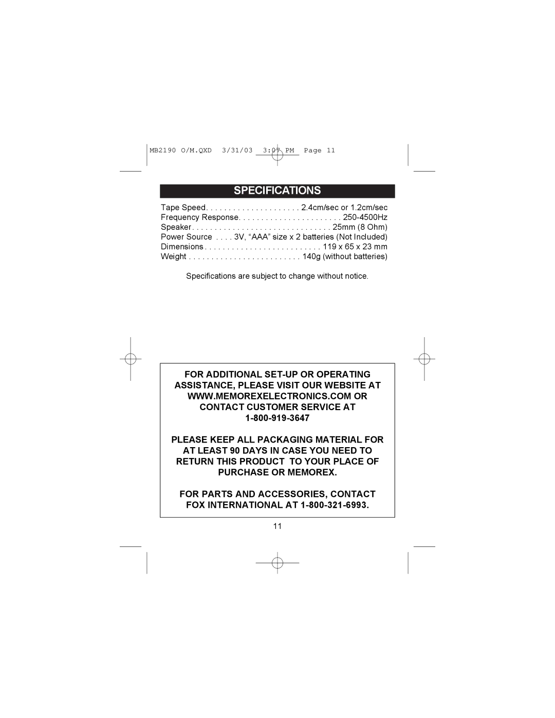 Memorex MB2190 manual Specifications 