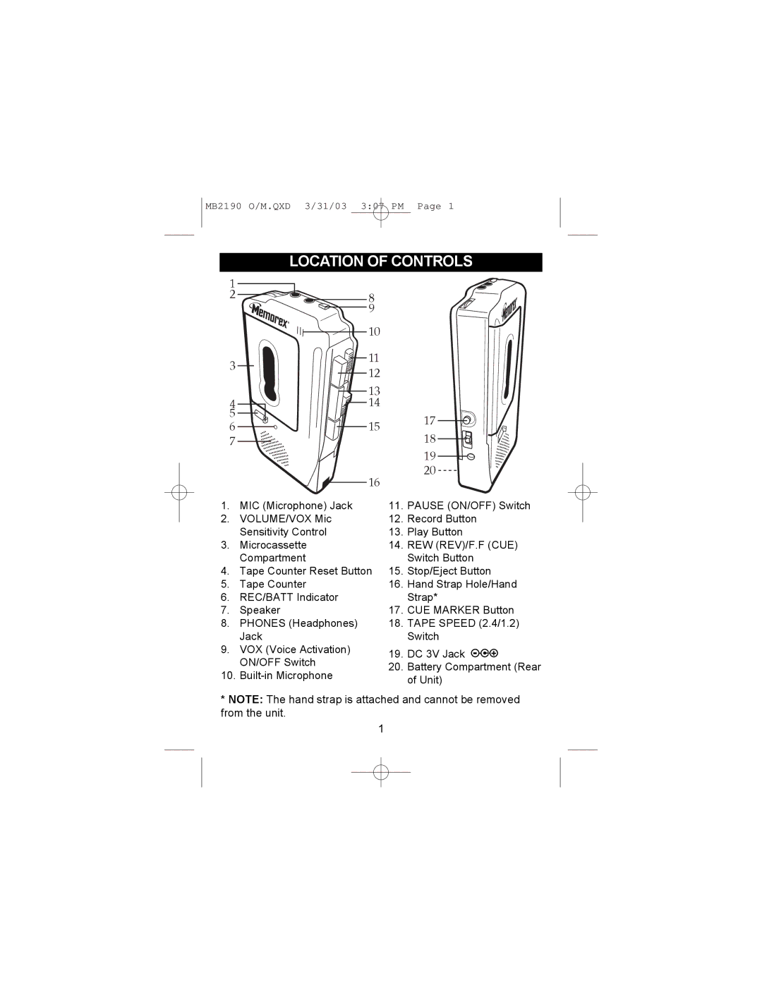 Memorex MB2190 manual Location of Controls, Rew Rev/F.F Cue 