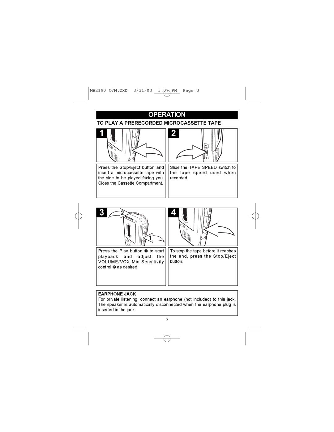 Memorex MB2190 manual Operation, To Play a Prerecorded Microcassette Tape 