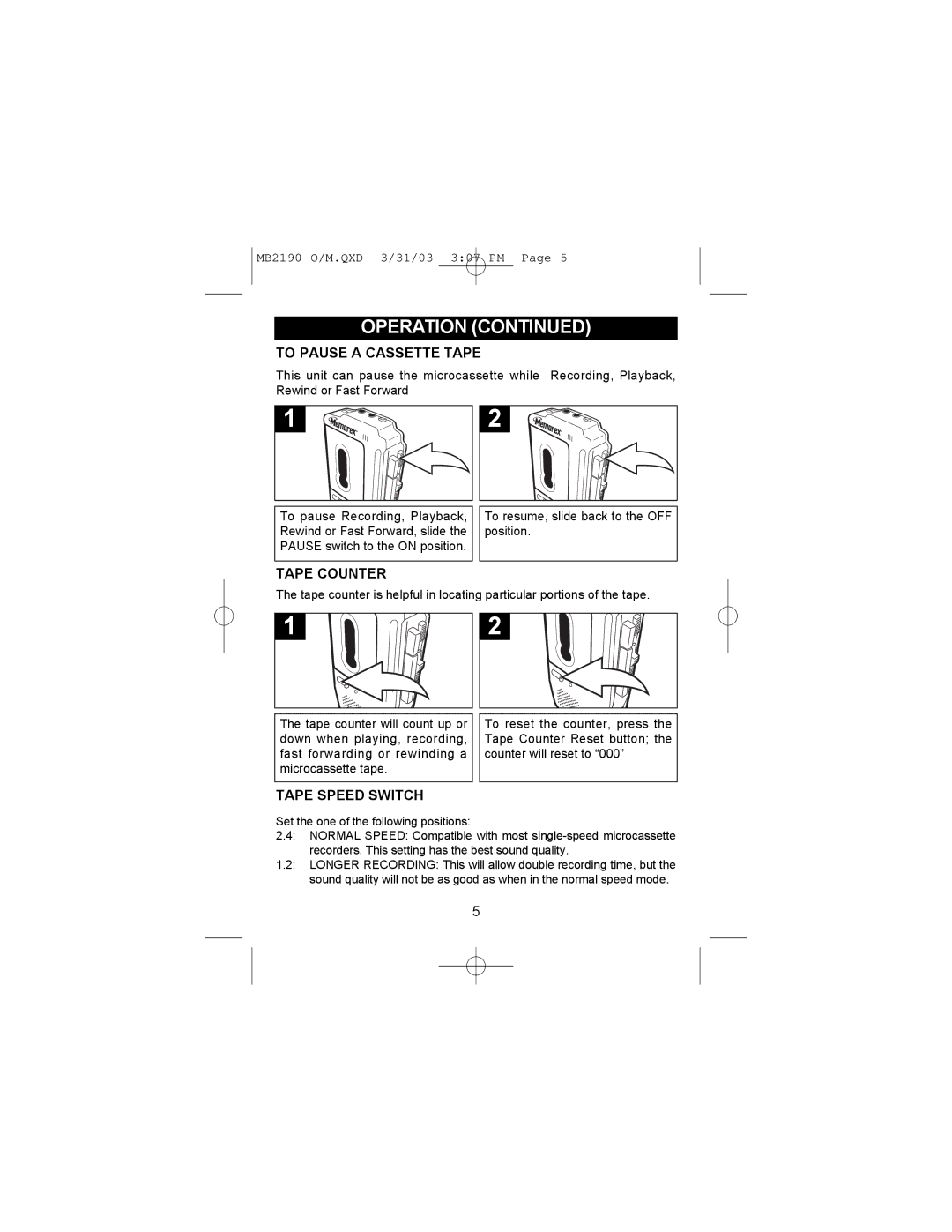 Memorex MB2190 manual To Pause a Cassette Tape, Tape Counter, Tape Speed Switch 