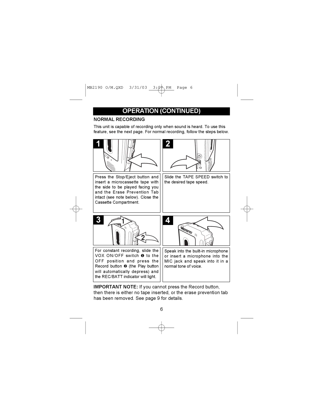 Memorex MB2190 manual Normal Recording 