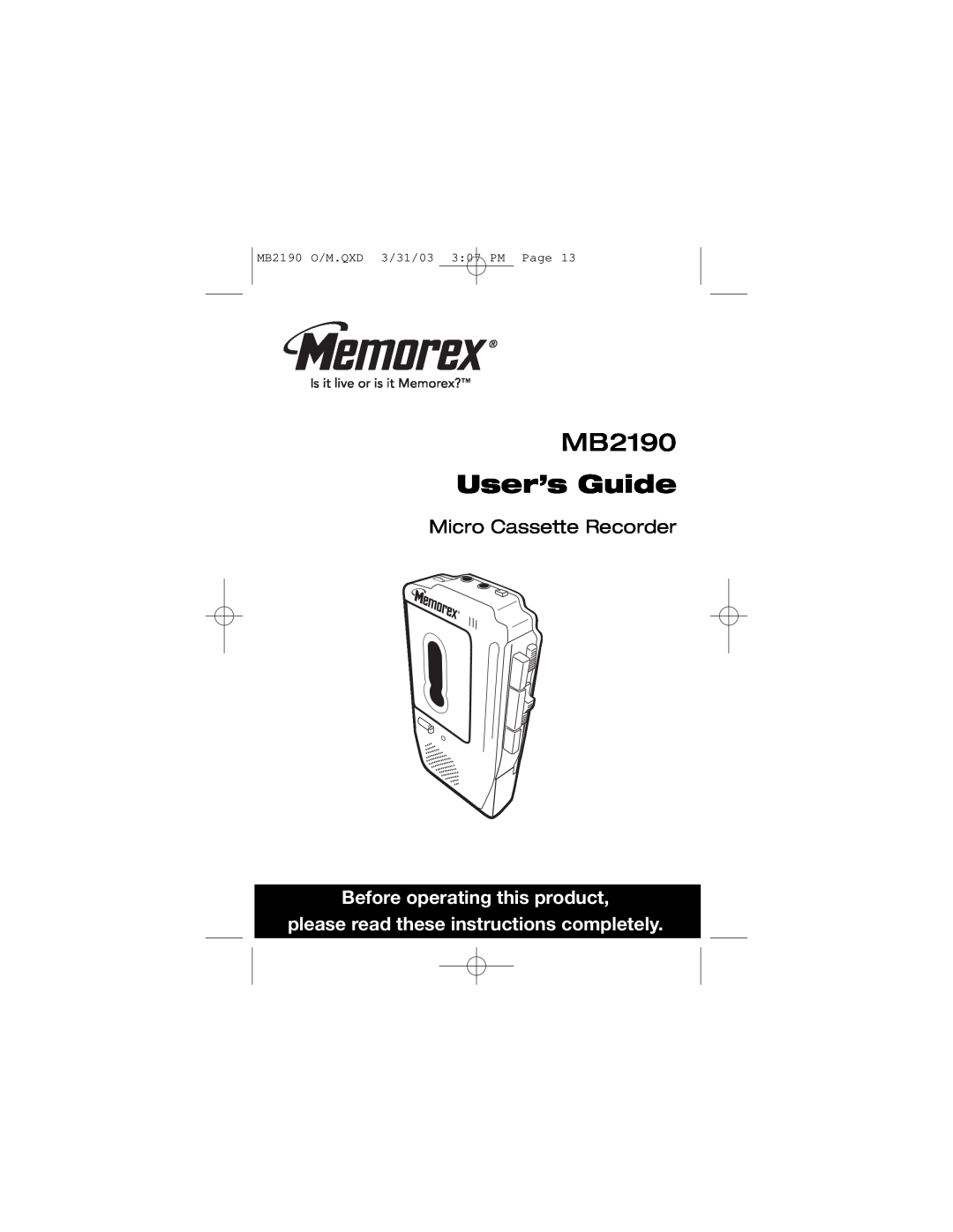 Memorex MB2190 manual Micro Cassette Recorder, Before operating this product, please read these instructions completely 