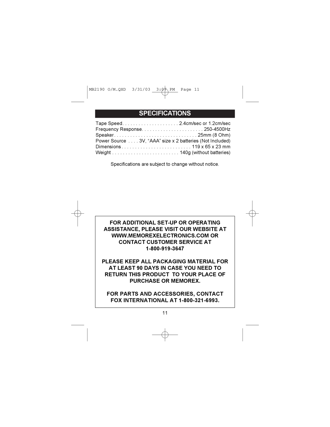 Memorex MB2190 manual Specifications 