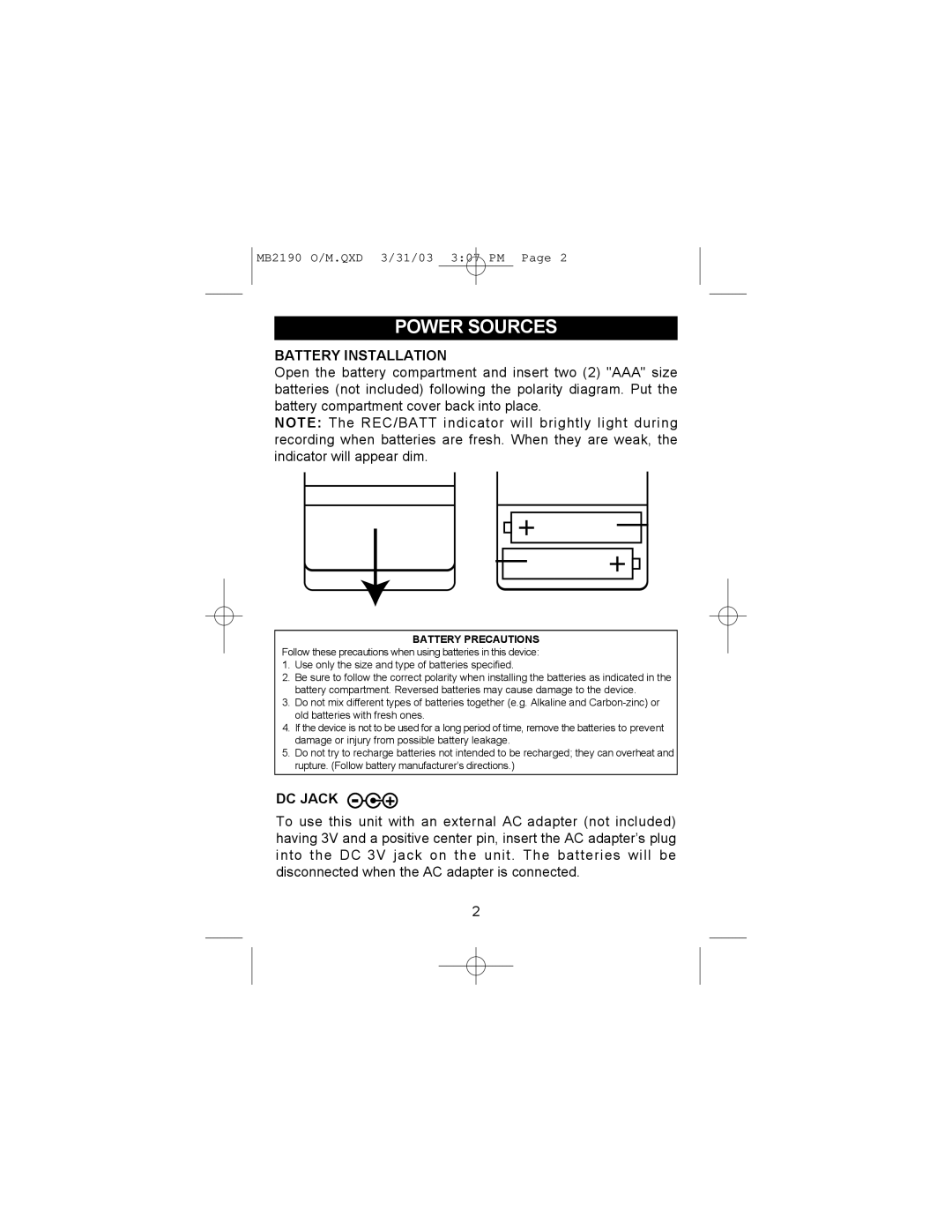 Memorex MB2190 manual Power Sources, Battery Installation, Dc Jack - + 